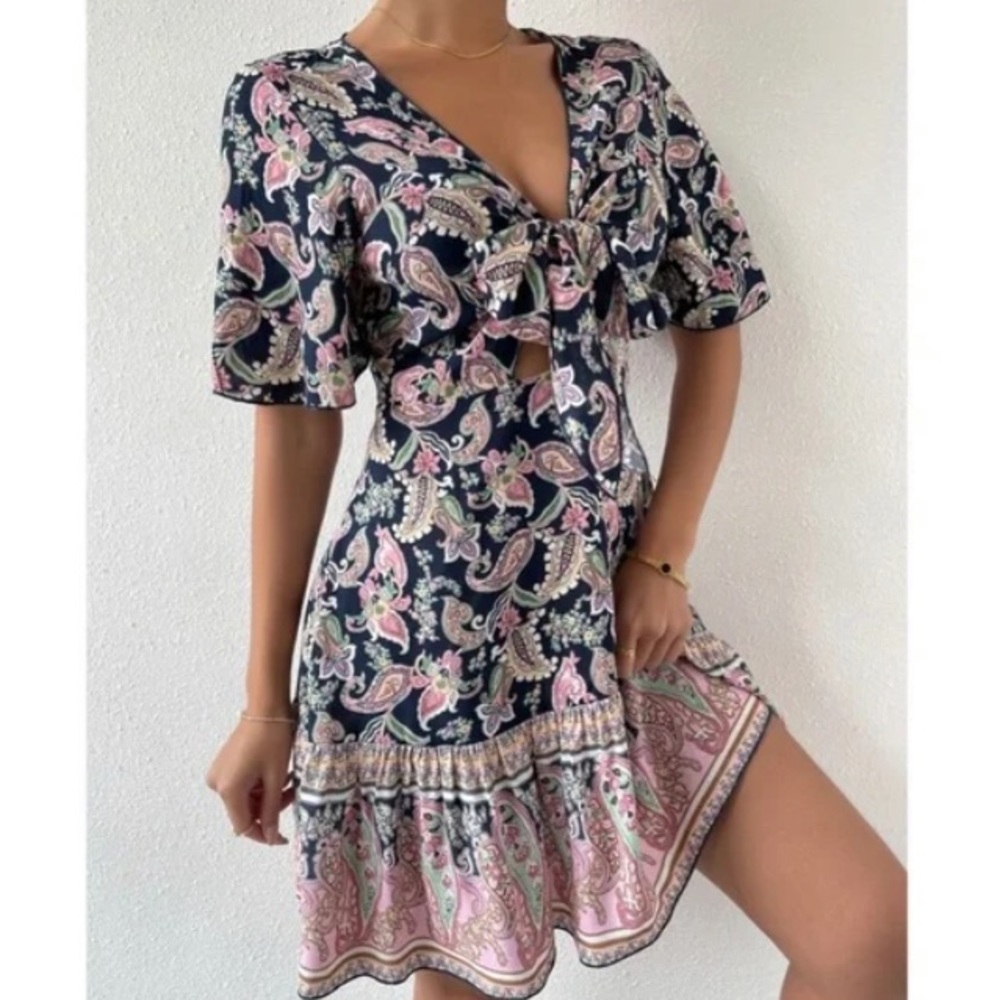 Boho navy Floral Paisley Print Butterfly Sleeve Mini Dress - Picture 10 of 12